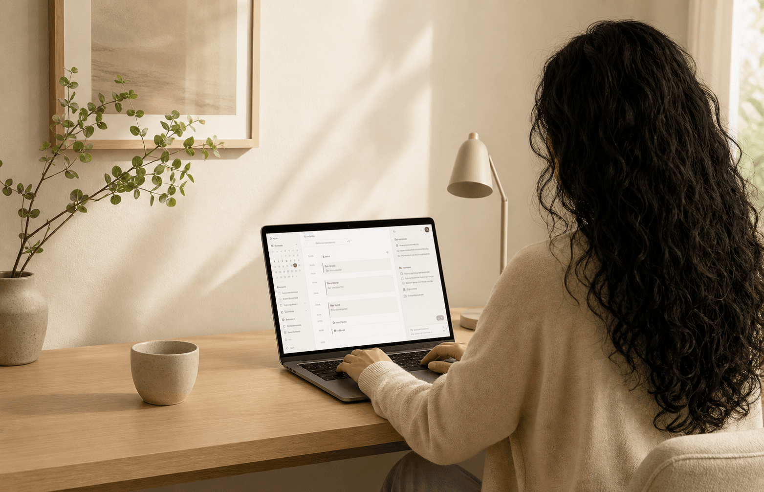 A woman with long curly hair viewing a calm DayBook workspace from behind